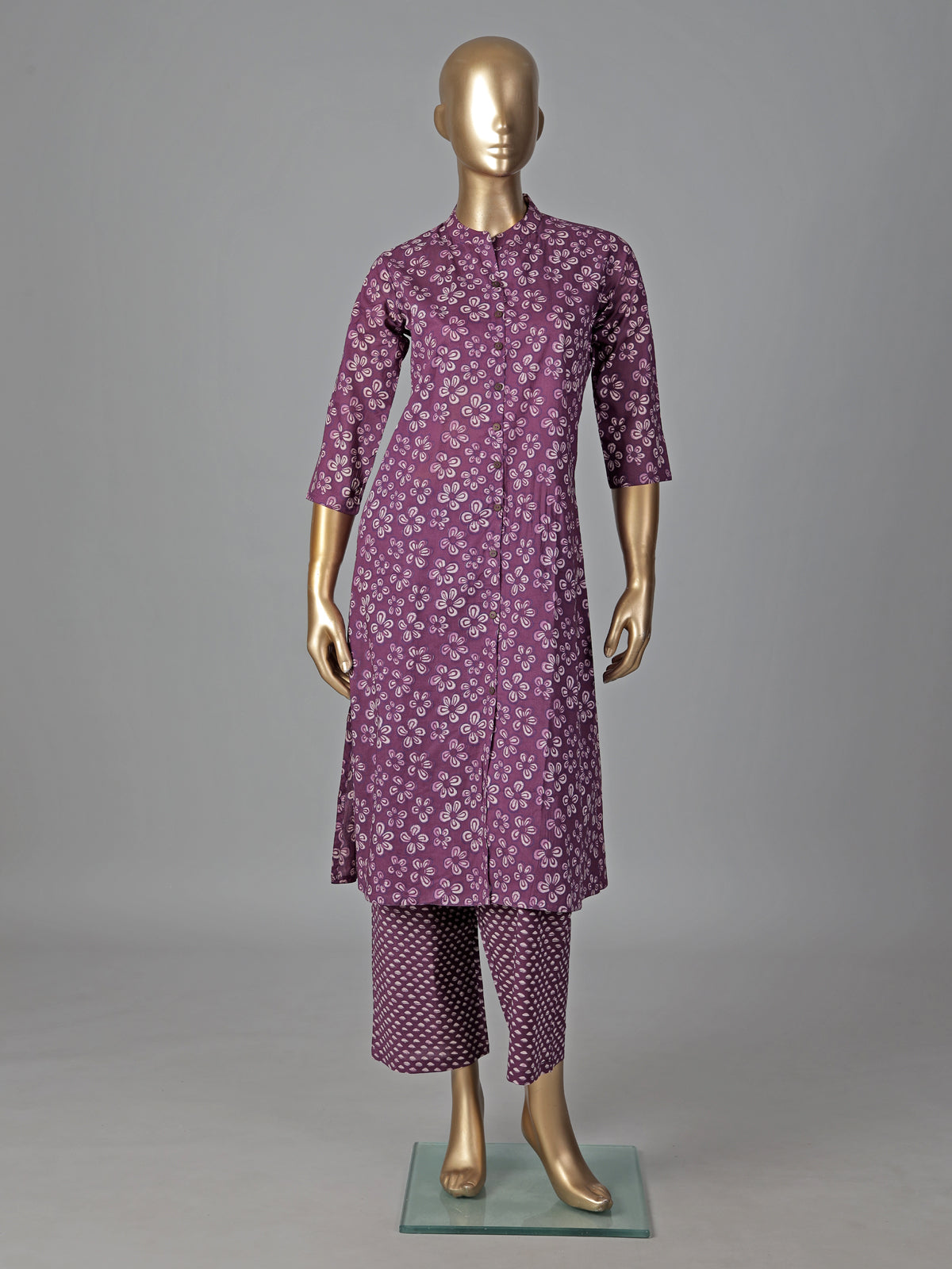 Purple cotton silk floral printed kurti set elegance