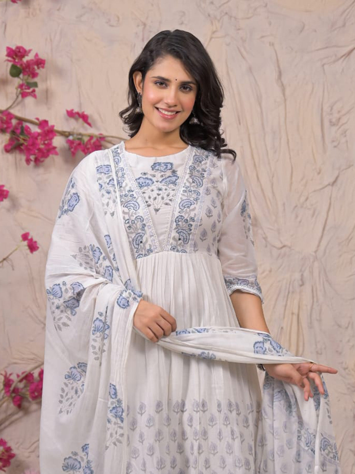White festive wear printed kurti set