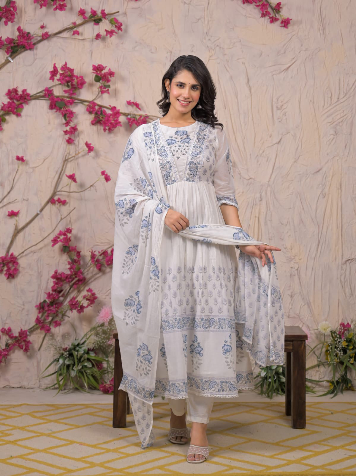White festive wear printed kurti set