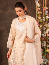 Beige cotton straight cut kurti set