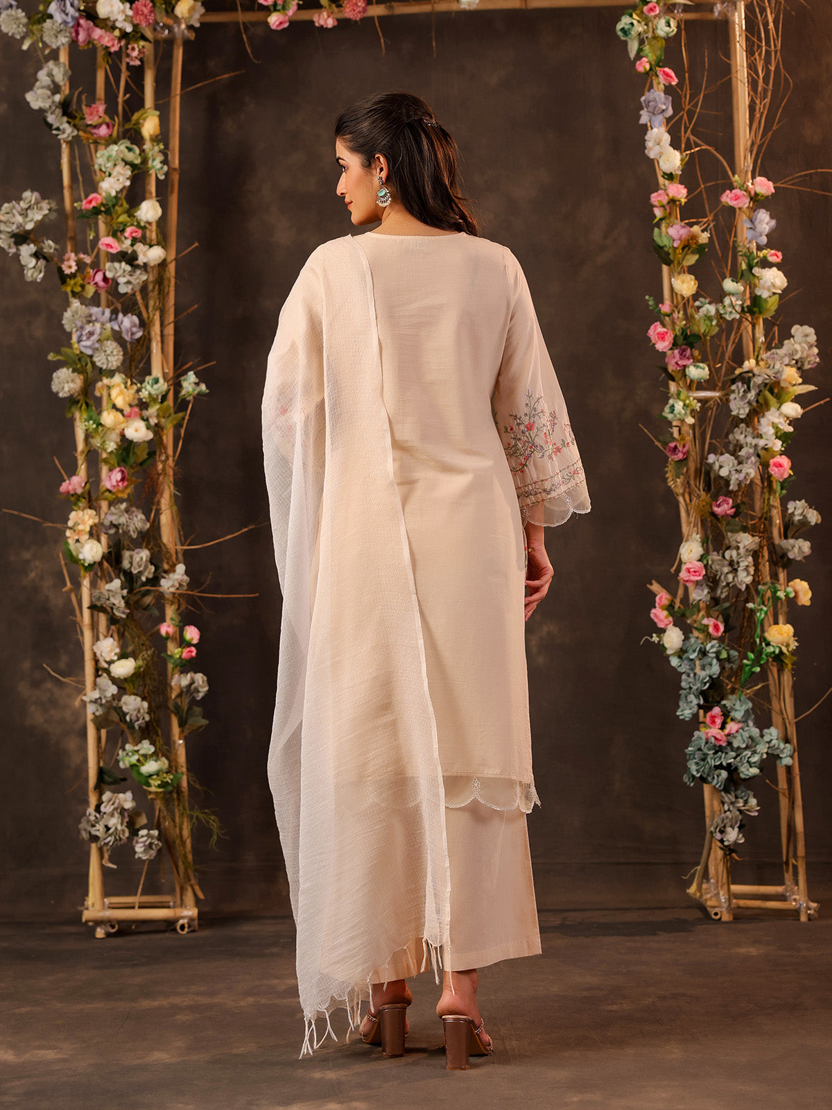 Beige cotton straight cut kurti set