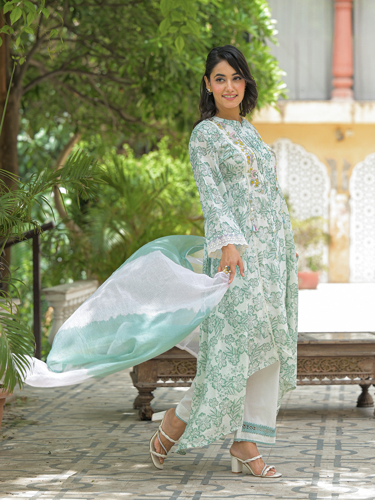 Mint green festive wear cotton kurti set with embroidery