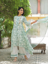 Mint green festive wear cotton kurti set with embroidery