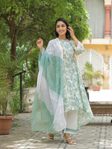 Mint green festive wear cotton kurti set with embroidery