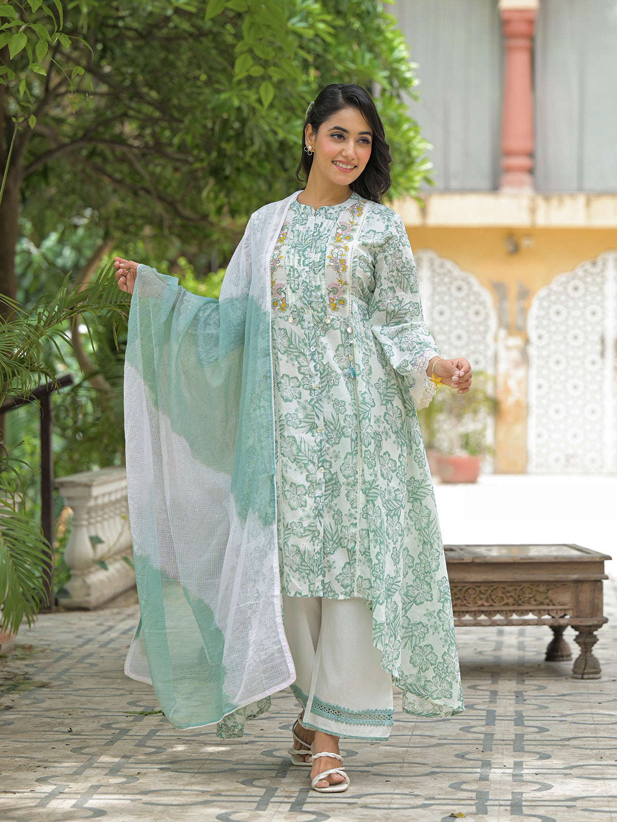 Mint green festive wear cotton kurti set with embroidery