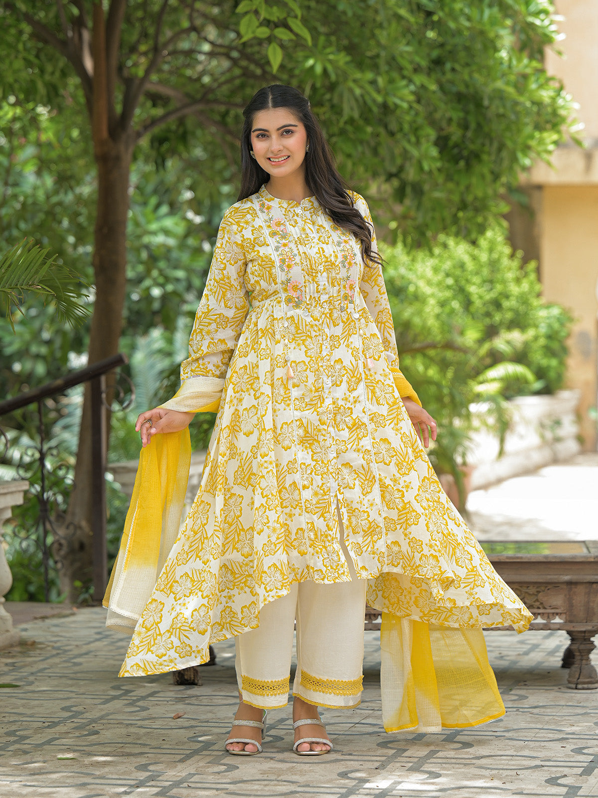 White cotton kurti set with pink floral print