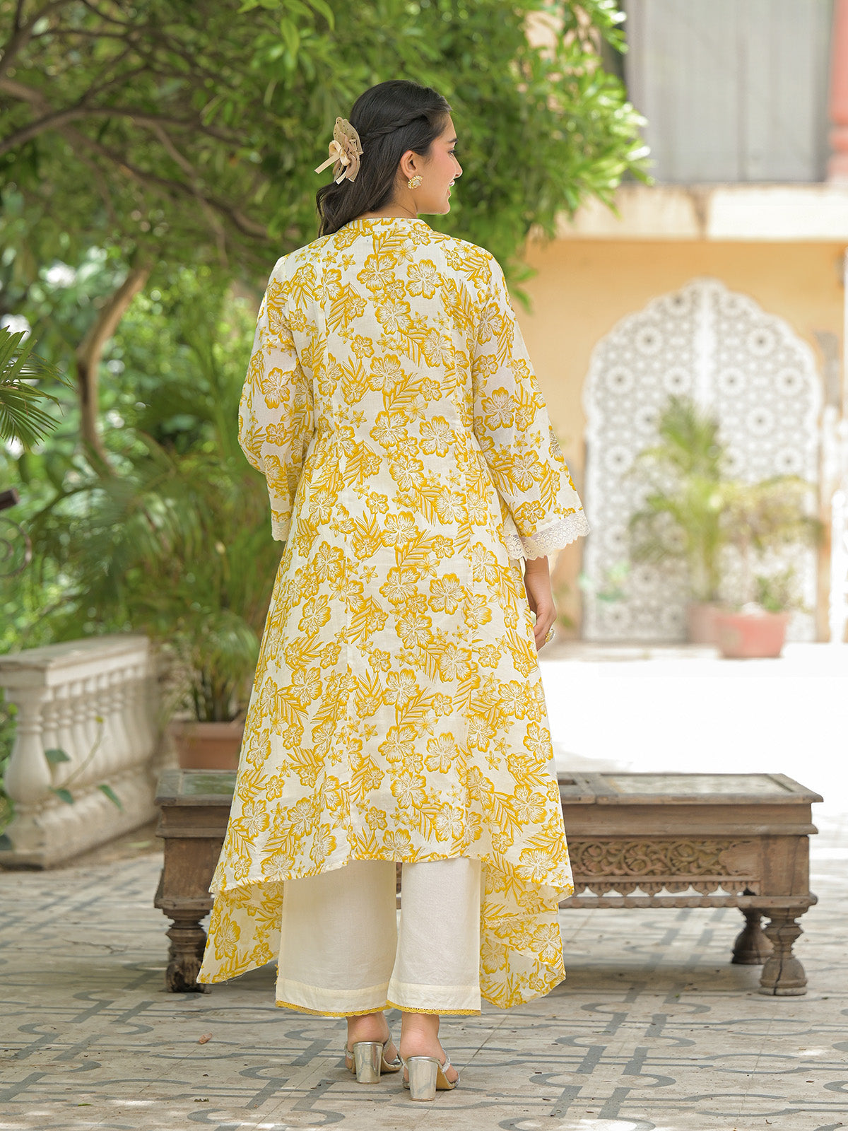White cotton kurti set with pink floral print