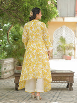 White cotton kurti set with pink floral print