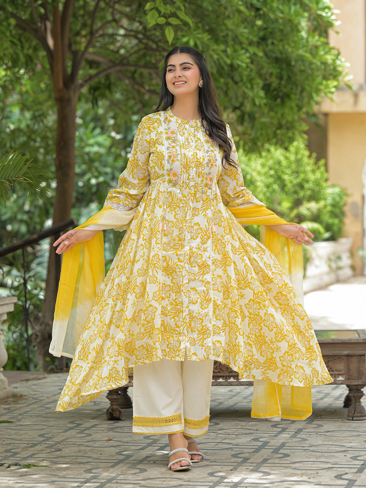 White cotton kurti set with pink floral print