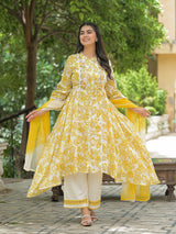 White cotton kurti set with pink floral print