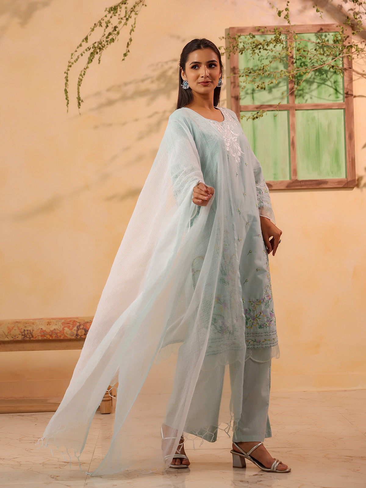 White printed elegant cotton silk kurti set for women