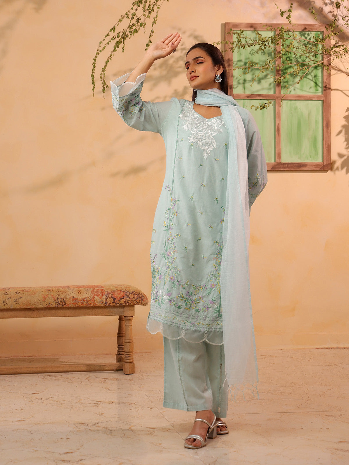 White printed elegant cotton silk kurti set for women