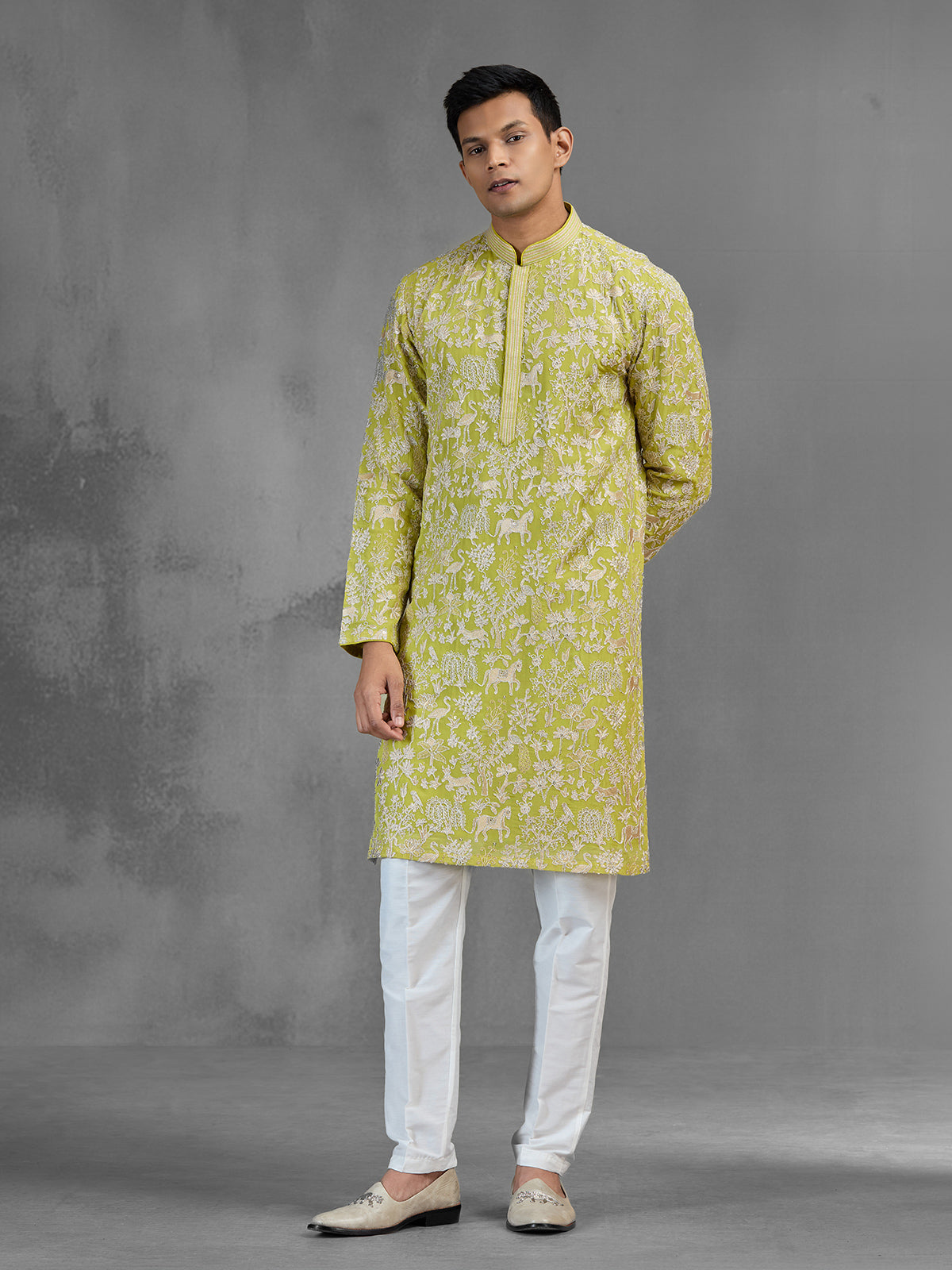 Lime green silk men kurta suit with zardosi