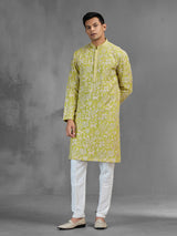 Lime green silk men kurta suit with zardosi