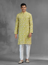 Lime green silk men kurta suit with zardosi