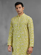 Lime green silk men kurta suit with zardosi