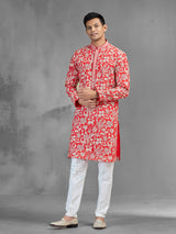 Red silk festive men kurta suit with embroidery