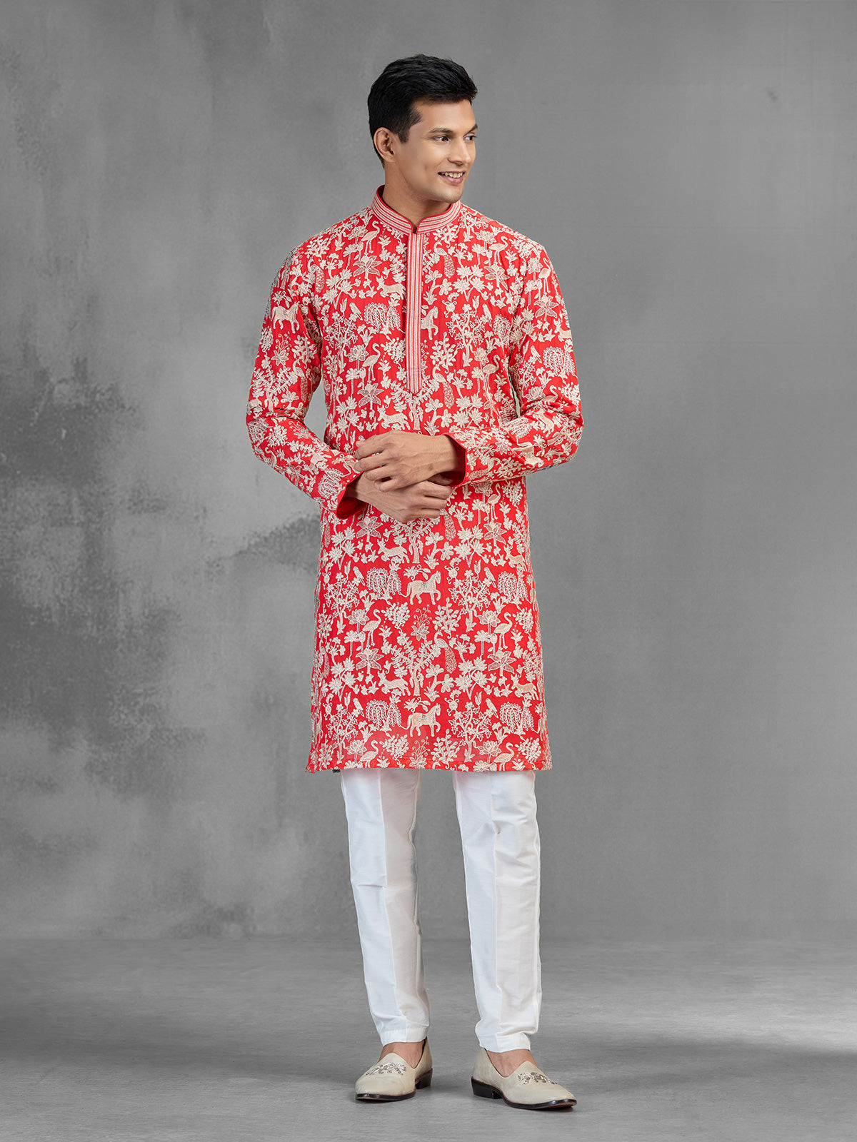 Red silk festive men kurta suit with embroidery