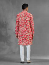 Red silk festive men kurta suit with embroidery