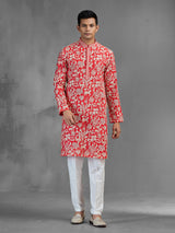 Red silk festive men kurta suit with embroidery
