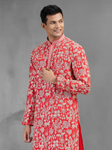 Red silk festive men kurta suit with embroidery