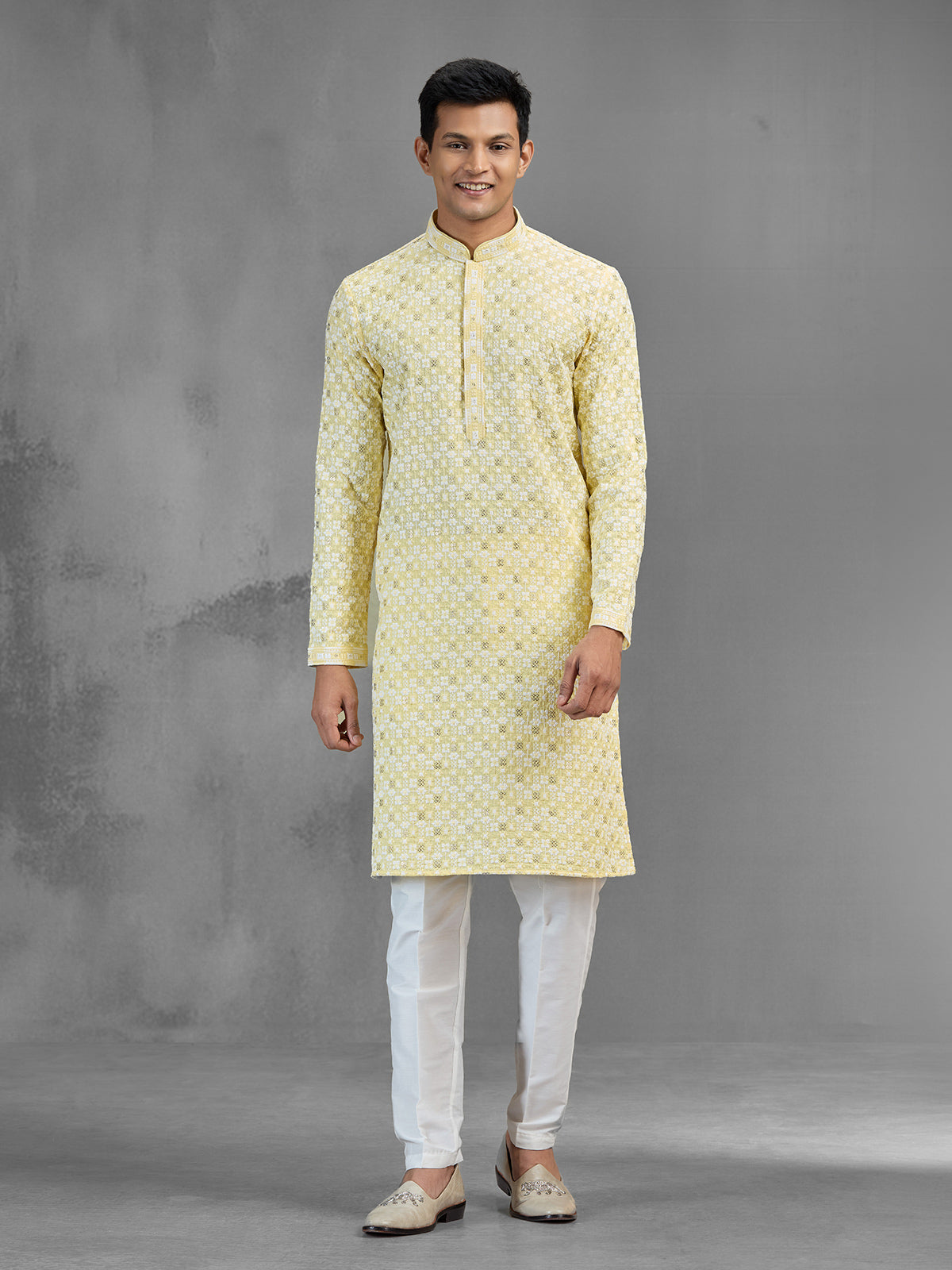 Yellow cotton men kurta suit chikankari festive style