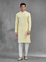 Yellow cotton men kurta suit chikankari festive style