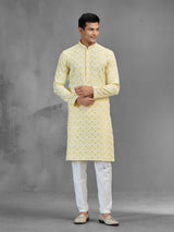 Yellow cotton men kurta suit chikankari festive style