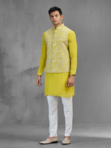 Lime green jacquard silk ethnic mens waistcoat set