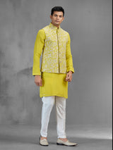 Lime green jacquard silk ethnic mens waistcoat set