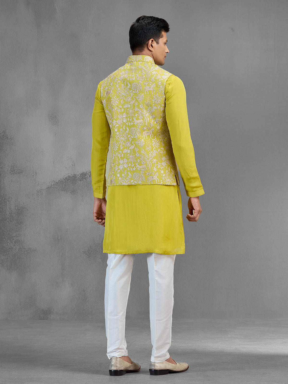 Lime green jacquard silk ethnic mens waistcoat set