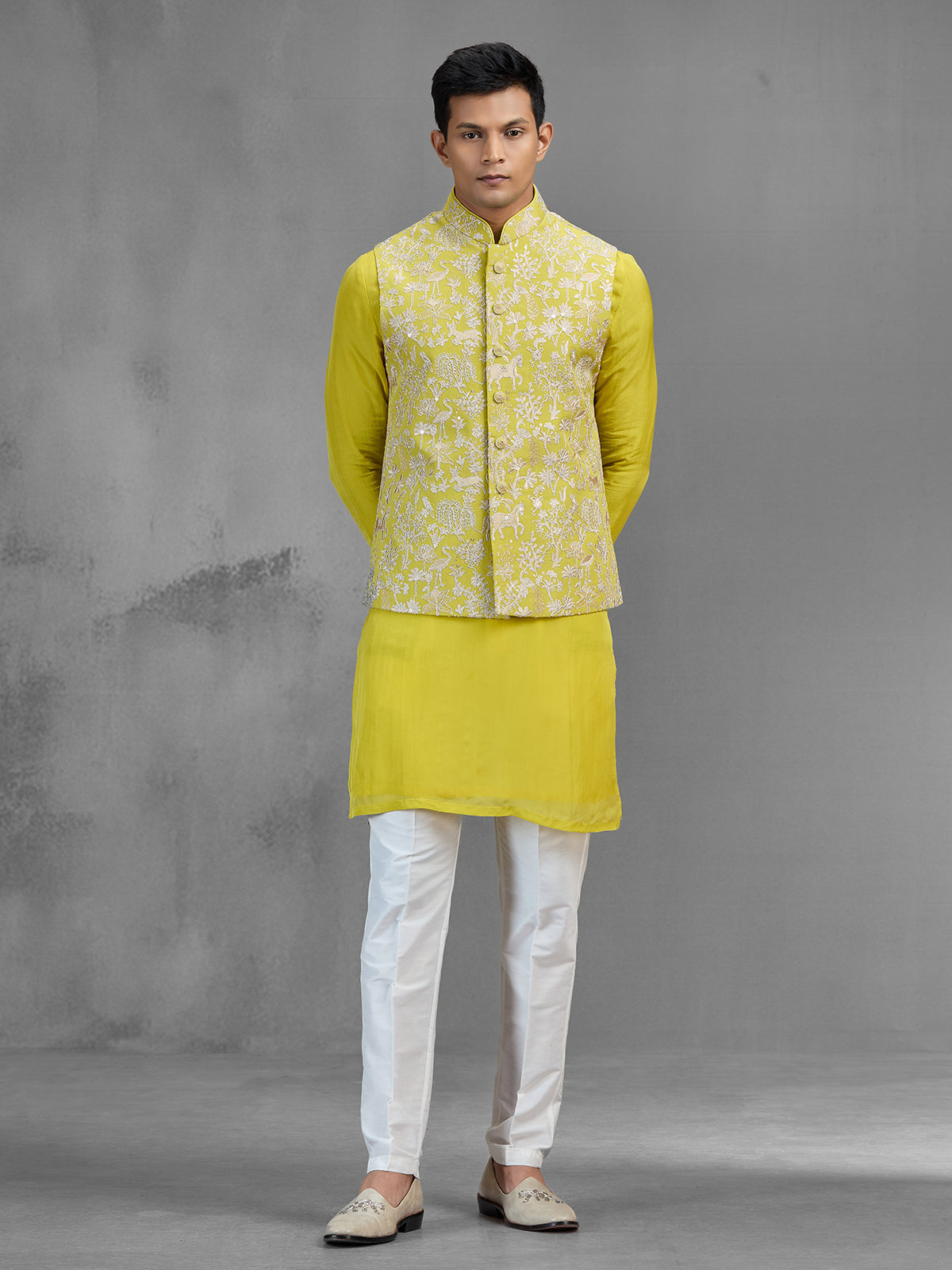 Lime green jacquard silk ethnic mens waistcoat set