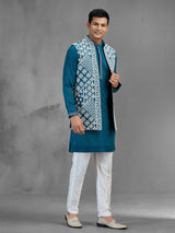 Teal blue art silk geometric mens waistcoat set
