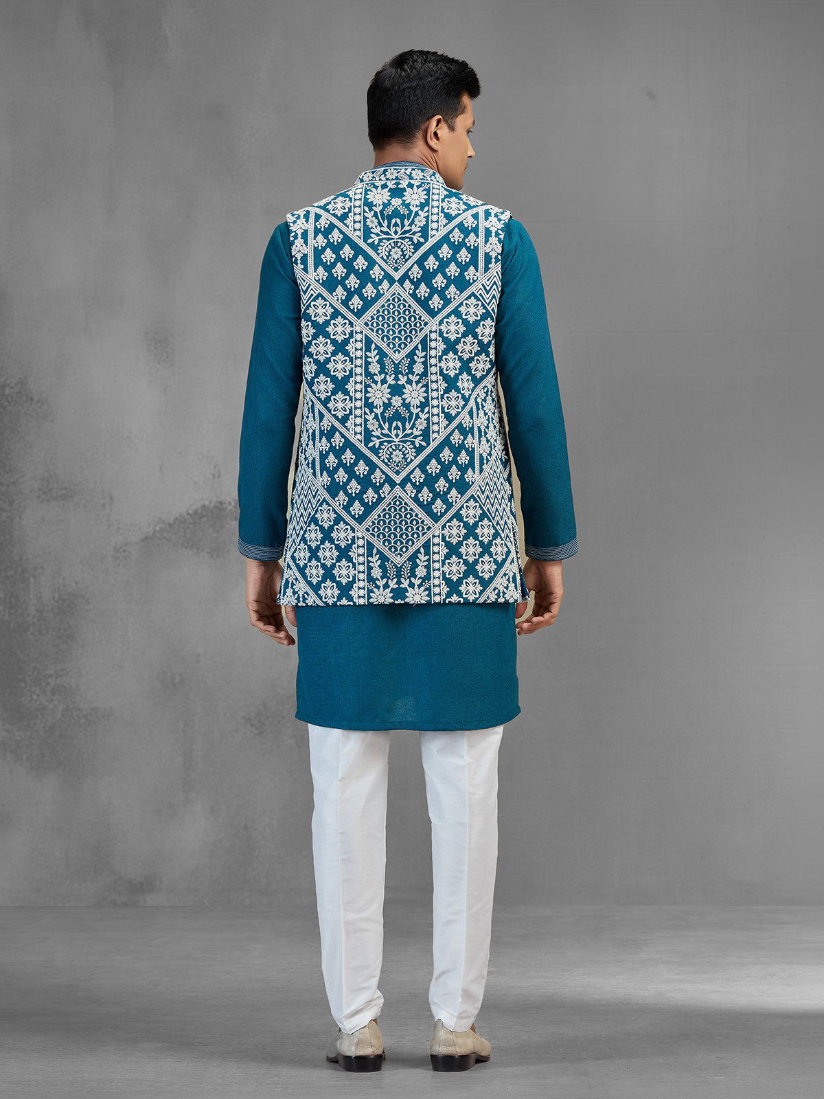 Teal blue art silk geometric mens waistcoat set