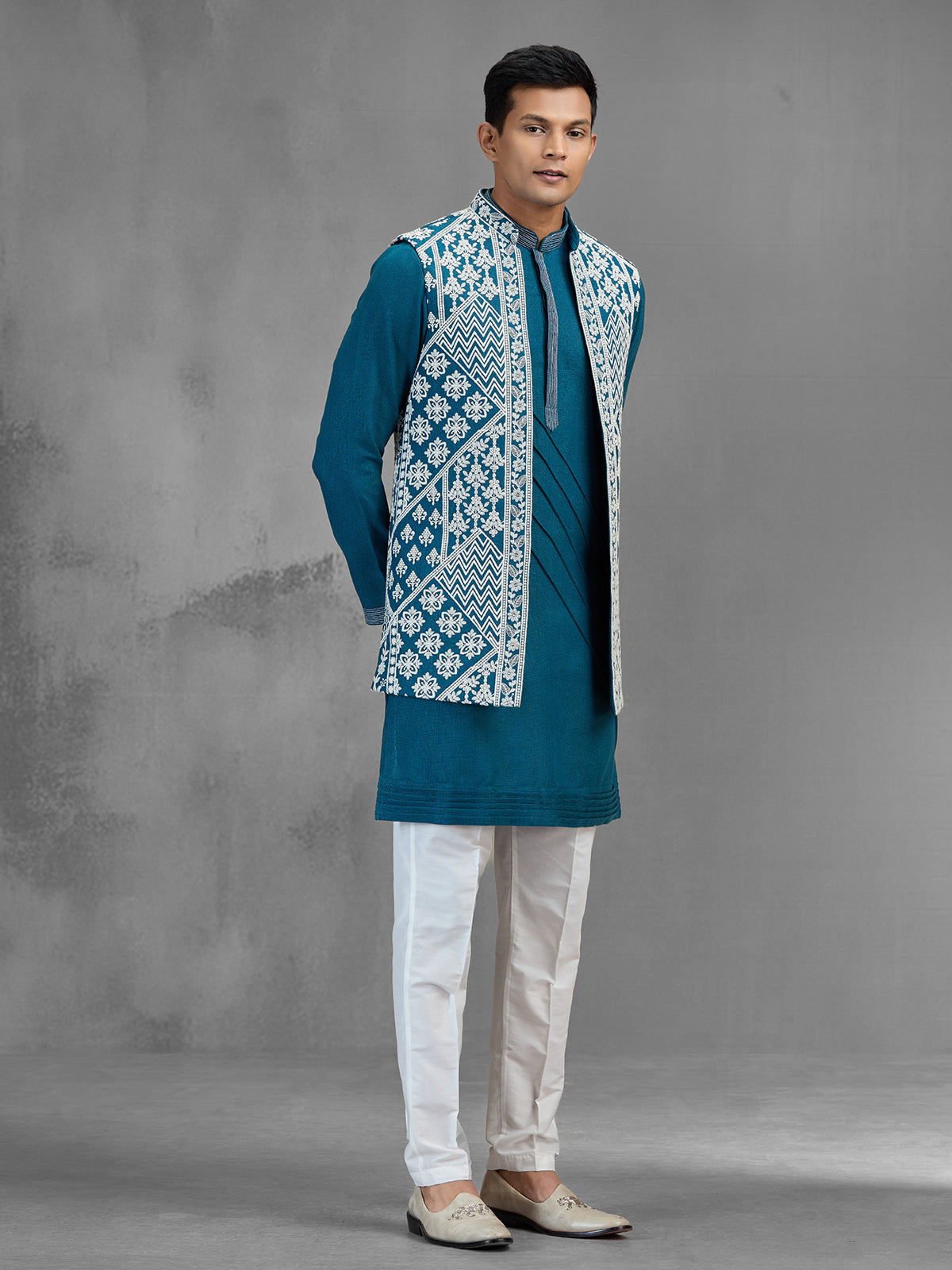 Teal blue art silk geometric mens waistcoat set