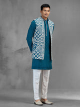 Teal blue art silk geometric mens waistcoat set