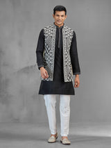 Black art silk embroidered mens waistcoat set for men