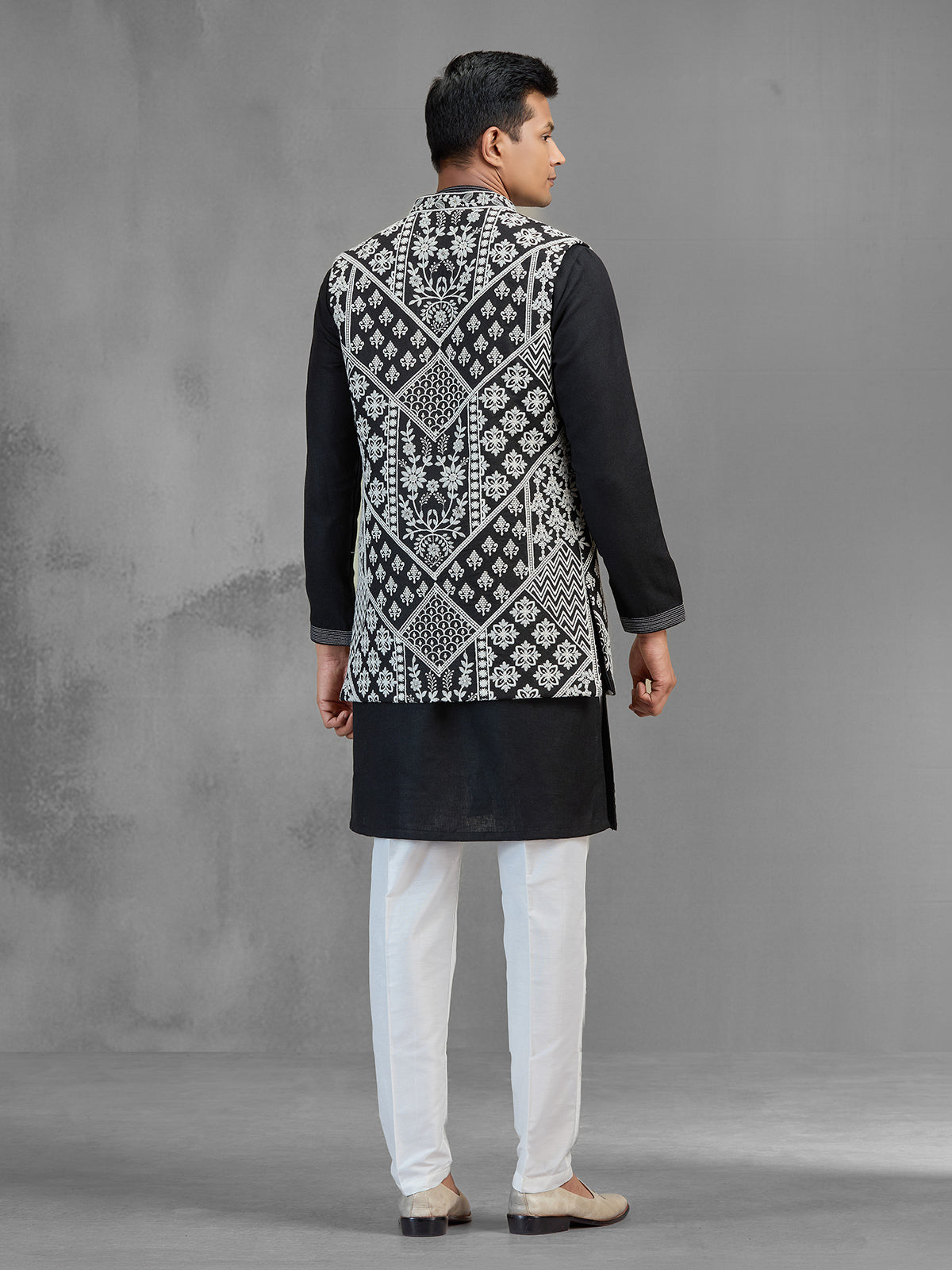Black art silk embroidered mens waistcoat set for men