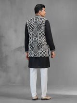 Black art silk embroidered mens waistcoat set for men