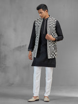 Black art silk embroidered mens waistcoat set for men