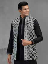 Black art silk embroidered mens waistcoat set for men