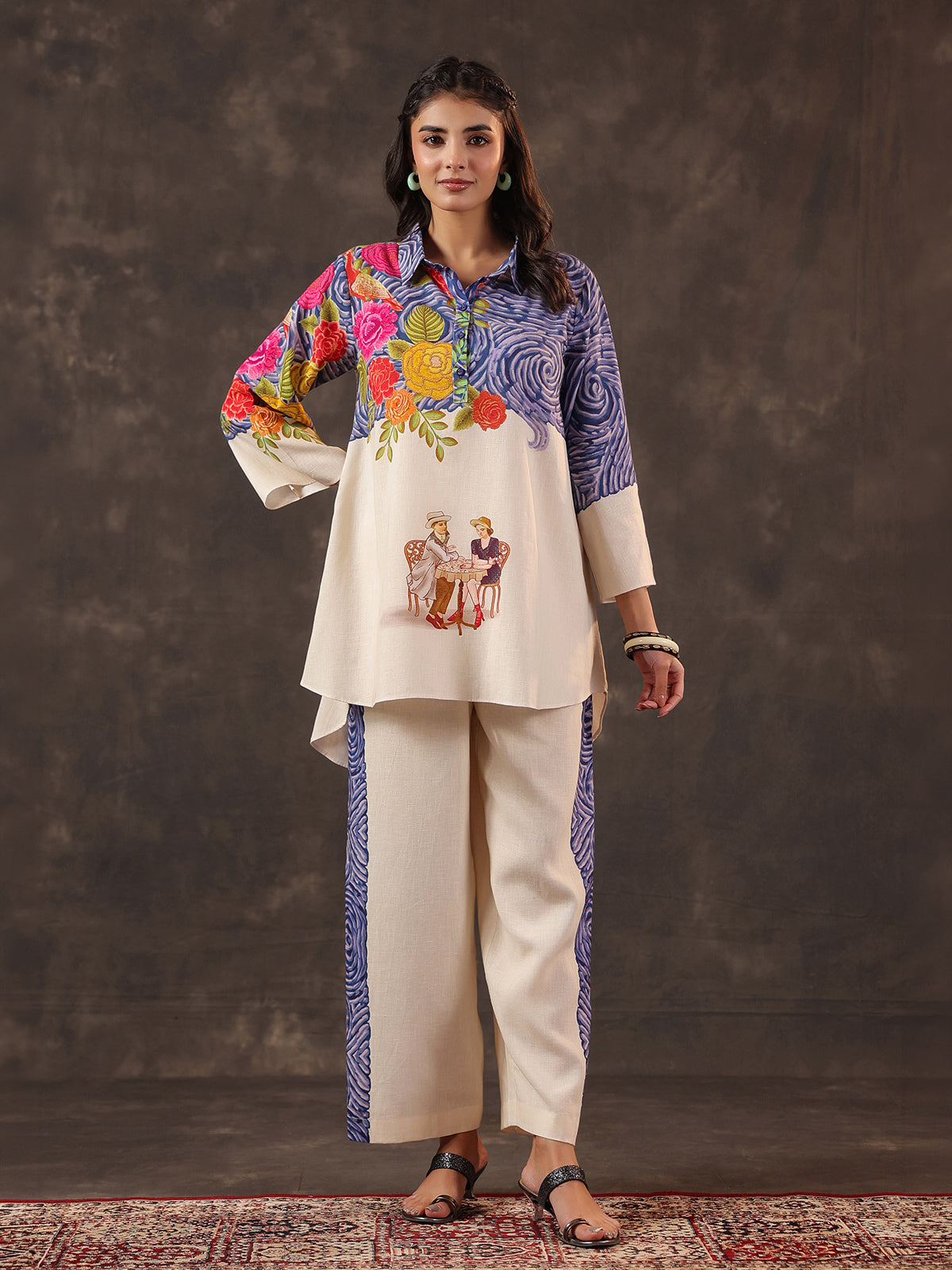 Beige silver linen printed casual festive co ord set