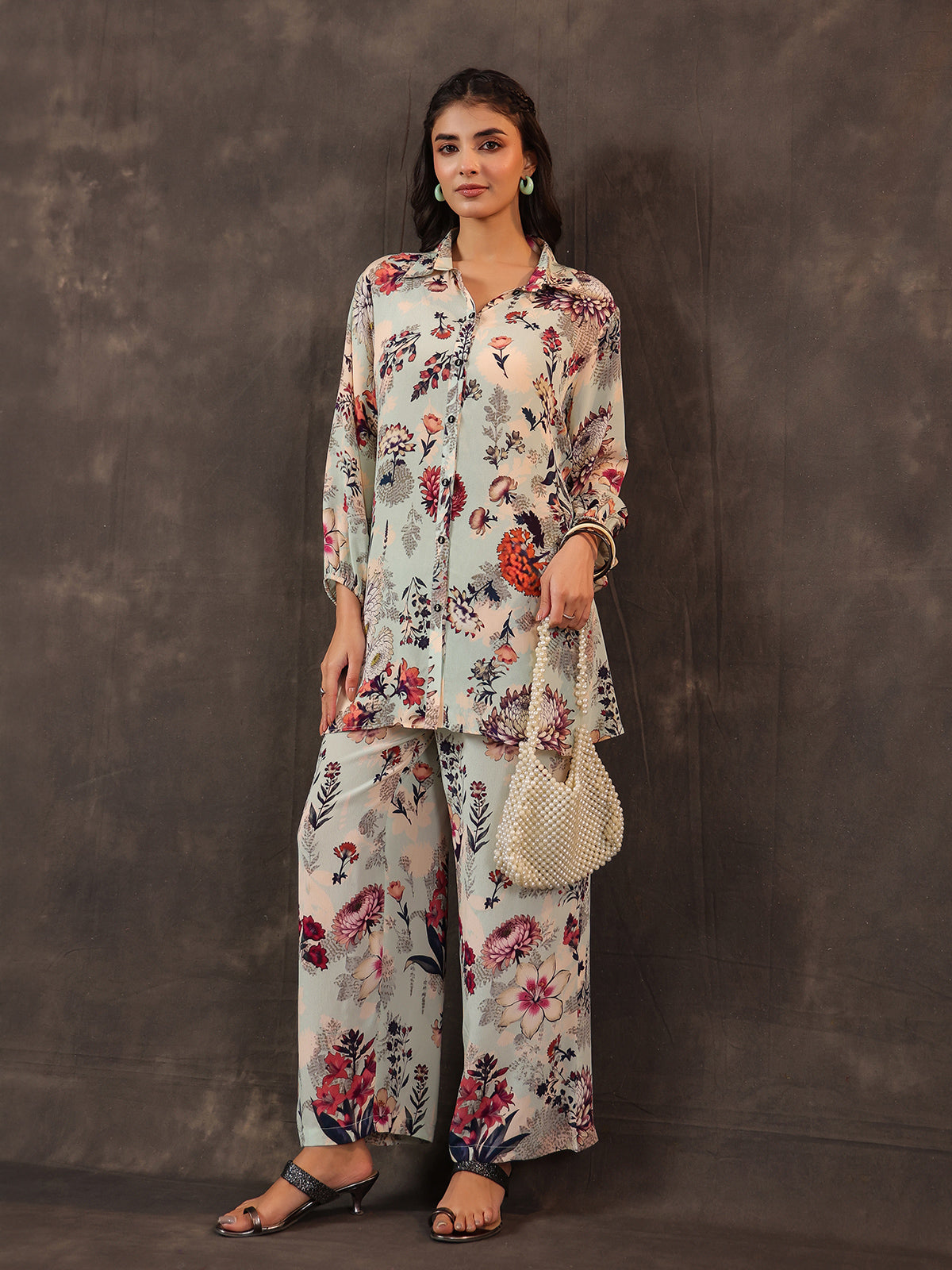 Mint green viscose crepe printed women co ord set