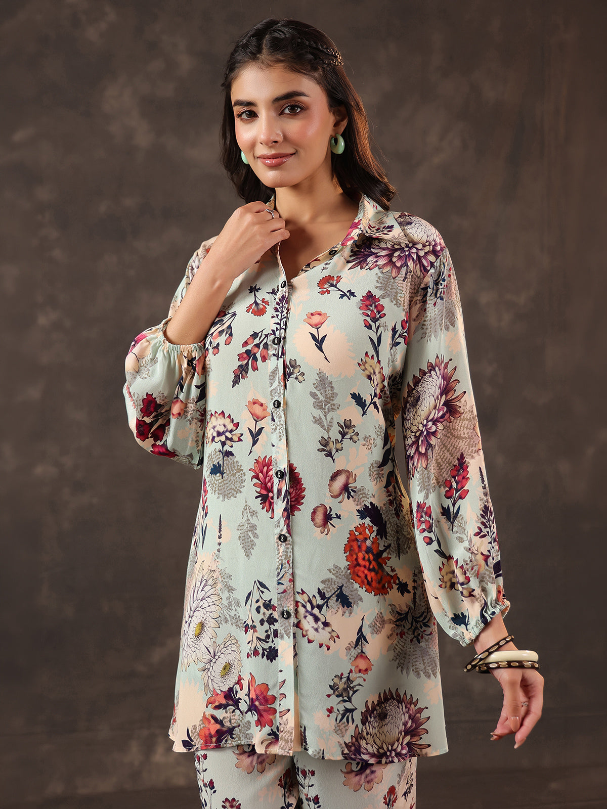 Mint green viscose crepe printed women co ord set