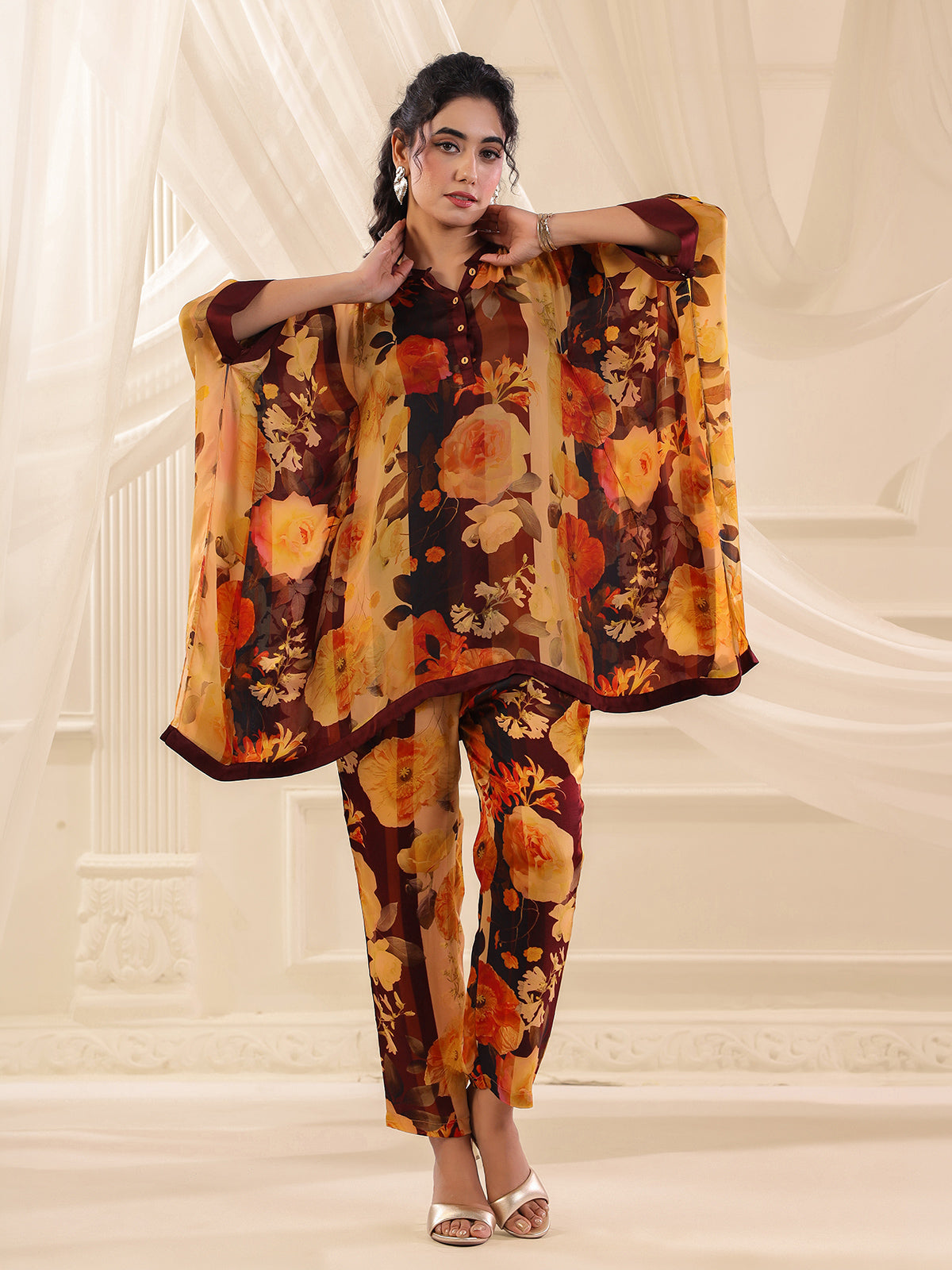 Yellow brown satin floral kaftan style co ord set
