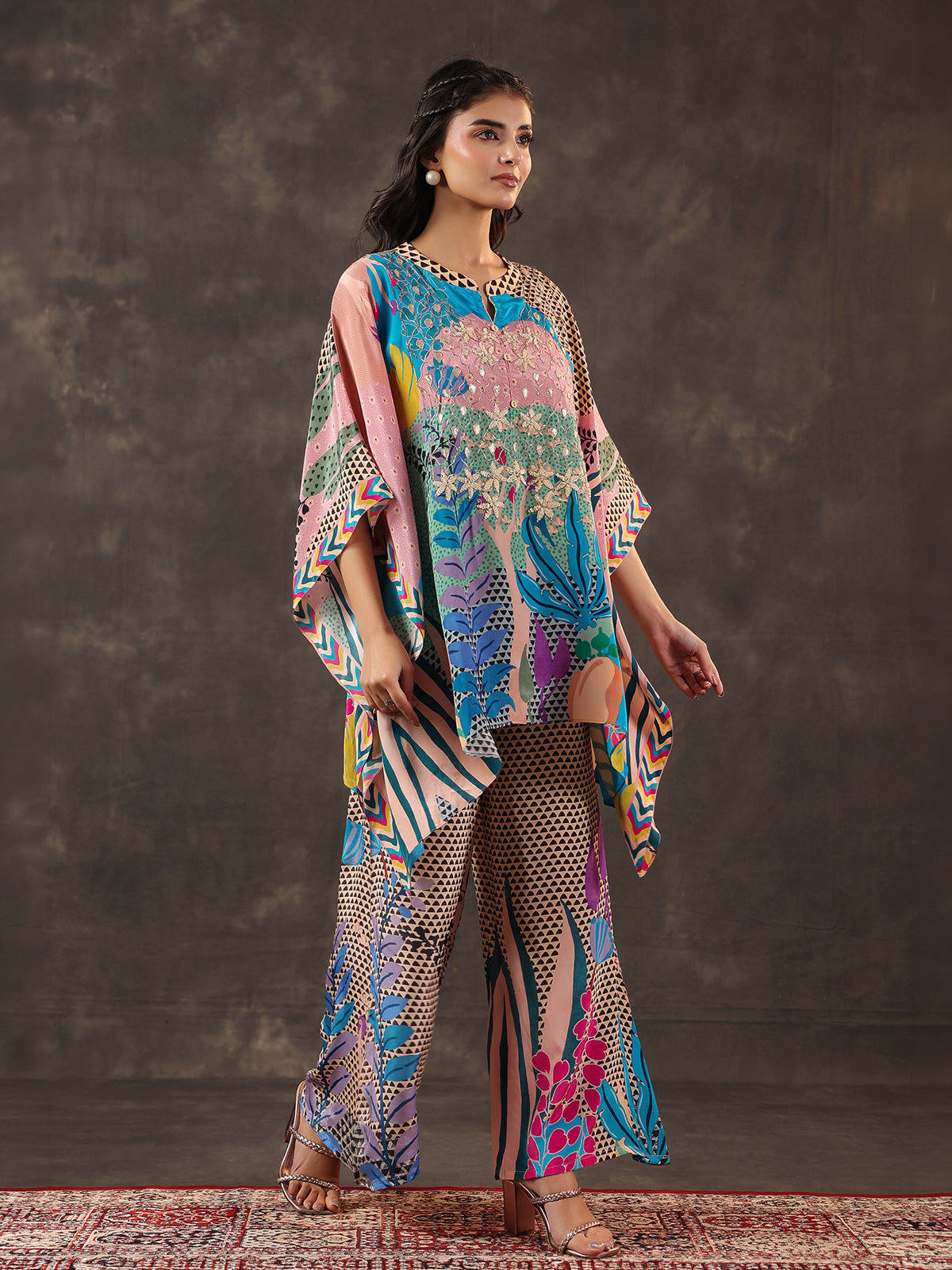 Light pink viscose crepe embellished kaftan style co ord set