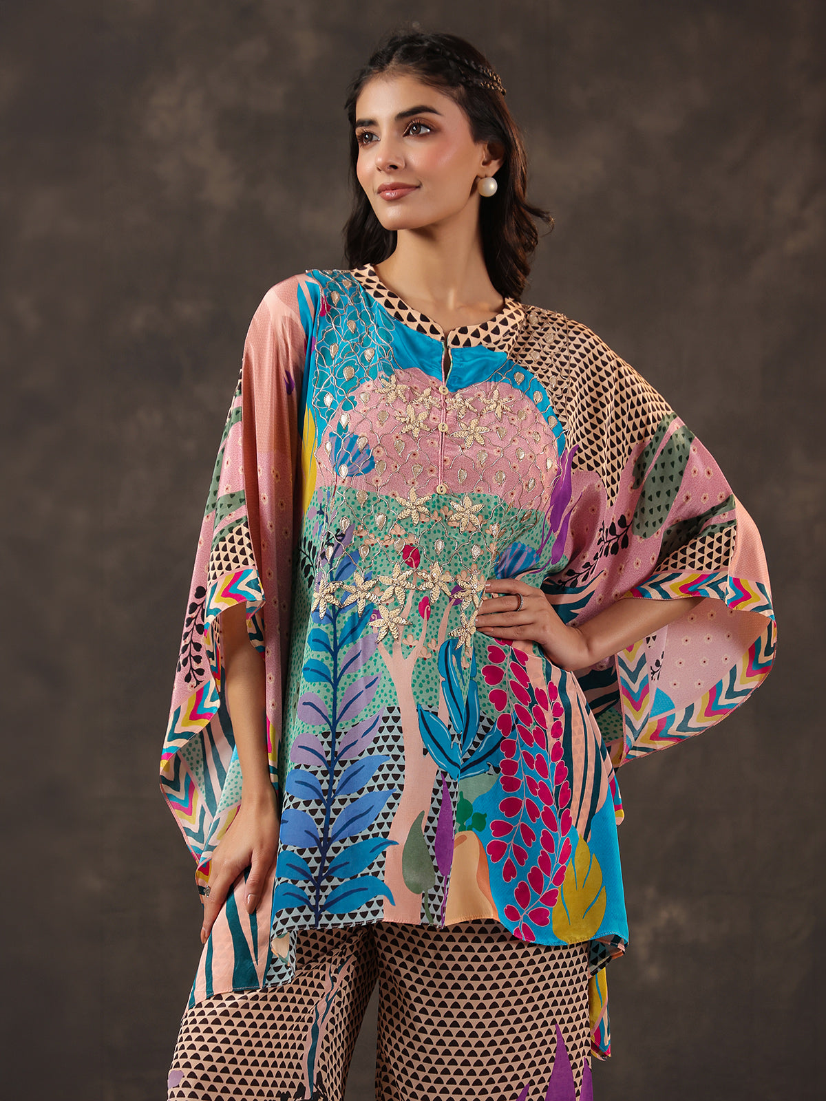 Light pink viscose crepe embellished kaftan style co ord set