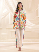 Cream silver linen floral printed festive co ord set