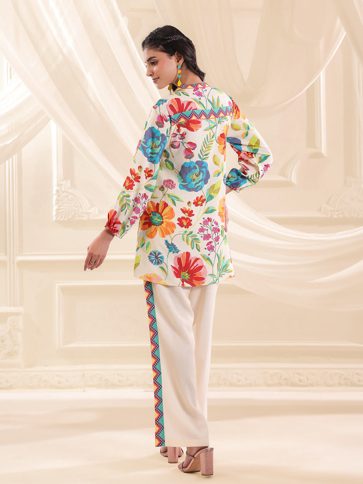 Cream silver linen floral printed festive co ord set
