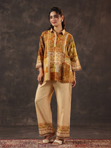 Beige silver linen printed casual co ord set